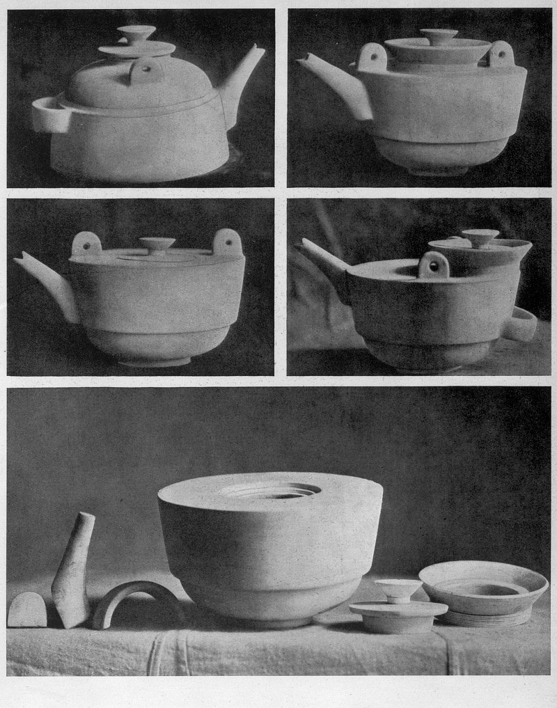 Theodor Bogler, Gipsmodell einer kombinierbaren Teekanne, vier Varianten aus gleichen Einzelteilen zusammengesetzt, 1923 / Bauhaus-Archiv Berlin